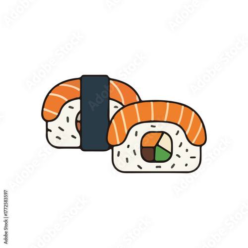 Two pieces of fresh sushi, one nigiri and one maki roll, presented with artistic detail.