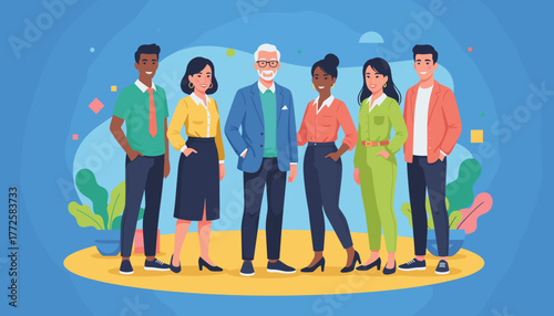 Diverse professional team stands together Corporate unity teamwork and modern business success