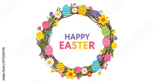 Vibrant Easter wreath bursting with colorful eggs and spring flowers creating a festive and joyful holiday greeting