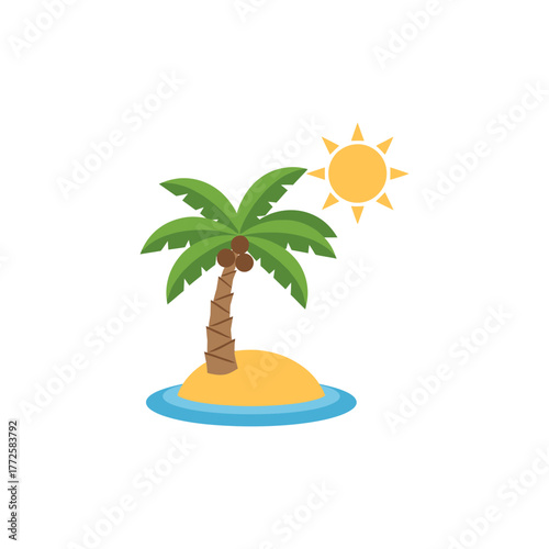 Palm tree stands on small sandy island surrounded by blue water under bright sun, creating a tranquil tropical paradise scene.