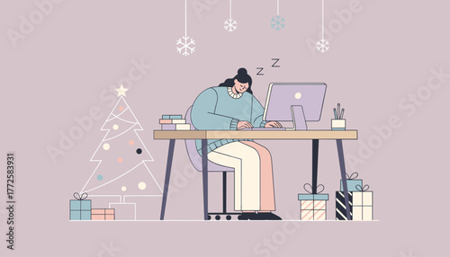 Overworked woman sleeps at her computer desk during the winter holiday season