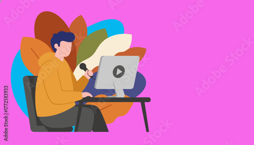 Digital creator recording a podcast or live stream on a computer flat illustration against a pink background