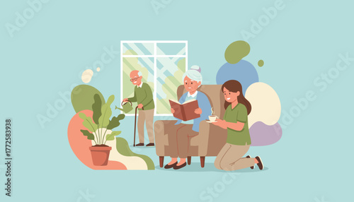Caregiver assisting happy seniors enjoying reading and gardening at home