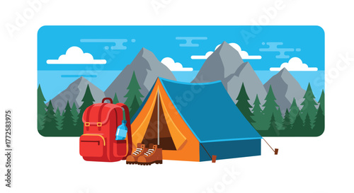 Vibrant mountain campsite scene with blue tent, red backpack, hiking boots, and water bottle ready for adventure