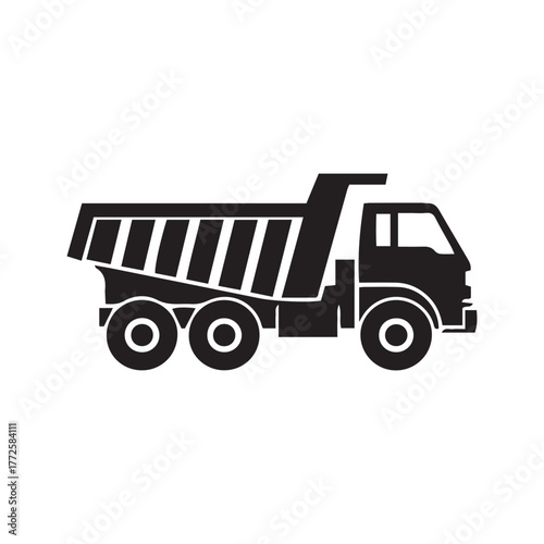 Silhouette illustration of a dump truck with a raised bed, featuring a simple, bold design against a white background.