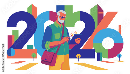 Senior man analyzing data on a tablet against a backdrop of colorful charts and future city structure