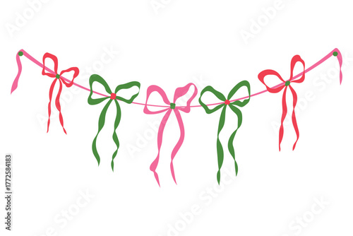 Ribbon bow garland vector illustration. Colorful pink, red, green bows on string isolated on white background. Modern festive hanging wall decoration for Christmas, holidays, party, Birthday