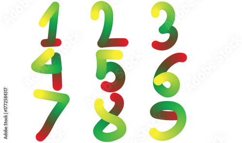 Colourful gummy candy numbers one through nine arranged in three vertical columns on white background