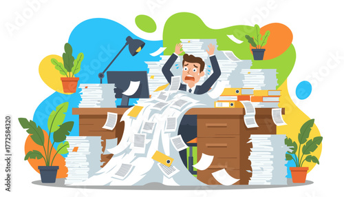 Overwhelmed businessman drowning in paperwork and excessive work volume Stress concept