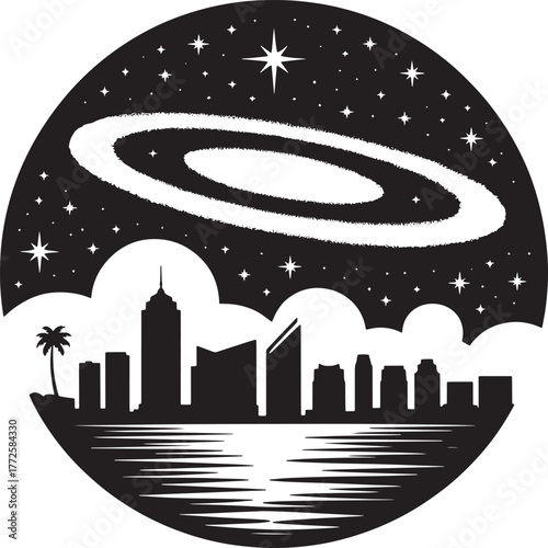 Cityscape With Galaxy Vector Illustration Urban Skyline Stars Cosmos Night Scene Landscape Art