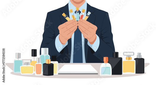 Confident professional showcasing diverse perfume samples and full bottles, embodying luxury fragrance selection and branding expertise