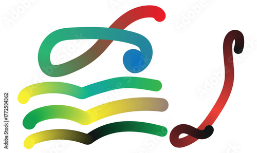Colourful gummy worms in abstract wavy shapes and a single worm against a white background