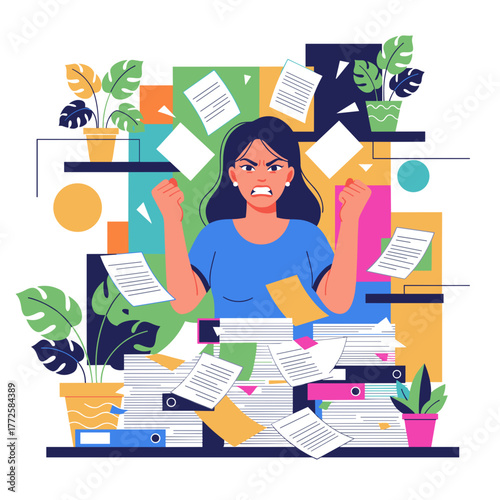 A businesswoman overwhelmed by excessive workload paperwork and office stress Burnout concept