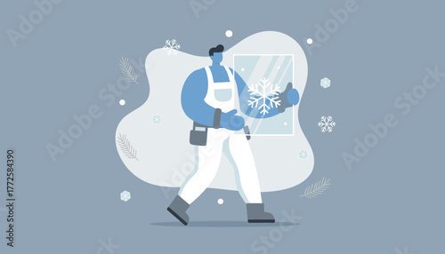 Contractor installs a winter window for home insulation giving a thumbsup