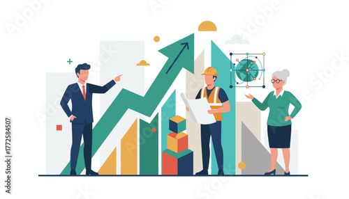 Diverse business team planning for growth success and global strategy against a rising chart