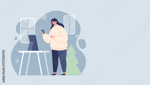 Woman in cozy sweater checking phone at home on a snowy winter day