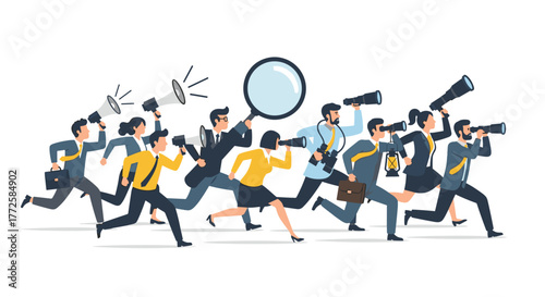 Dynamic business professionals actively searching for opportunities, communicating success, and driving innovation forward with determination