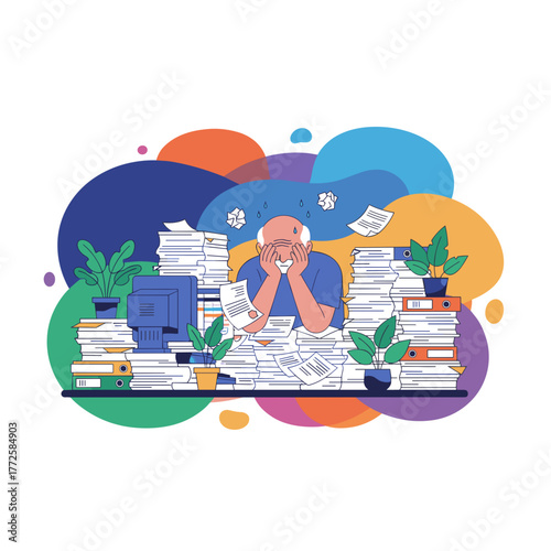 Overwhelmed worker buried in paper files suffering from work stress burnout and bureaucracy