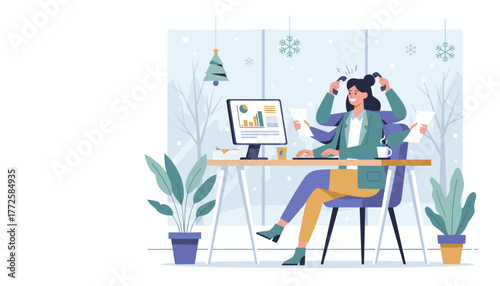 Multitasking efficiency Busy woman handles calls and documents at her winter office desk