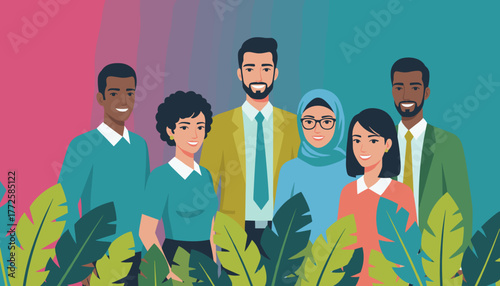 Multicultural business team standing behind tropical leaves symbolizing growth and unity