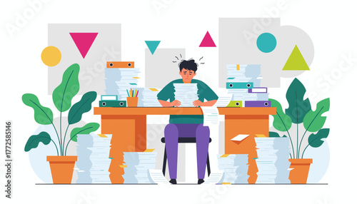 Stressed worker buried under heavy workload and office documents Deadline pressure and bureaucracy