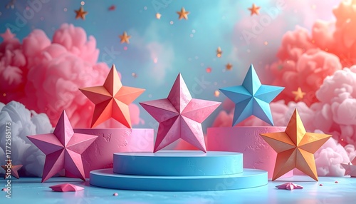 Fototapeta Naklejka Na Ścianę i Meble -  Pastel stars on pedestals, against fluffy clouds and shimmering sky