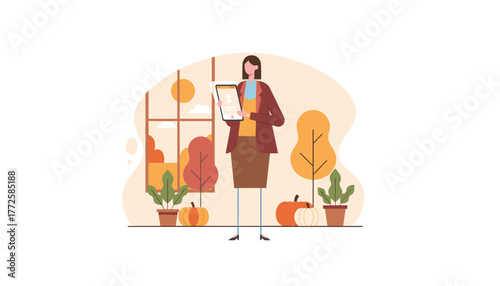 Businesswoman with tablet showing online profile surrounded by autumn foliage and pumpkins