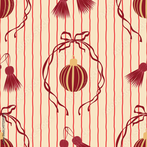 Christmas ornaments vector seamless pattern. Maroon red xmas baubles, festive tassels and ribbons on striped background. Luxurious trendy winter holiday decorations repeat design in burgundy colors