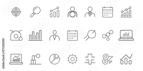Business and finance line icon set for data analysis, reporting, and corporate management. Minimalist line icon collection for corporate and business themes. Vector icon, Vector Illustration.