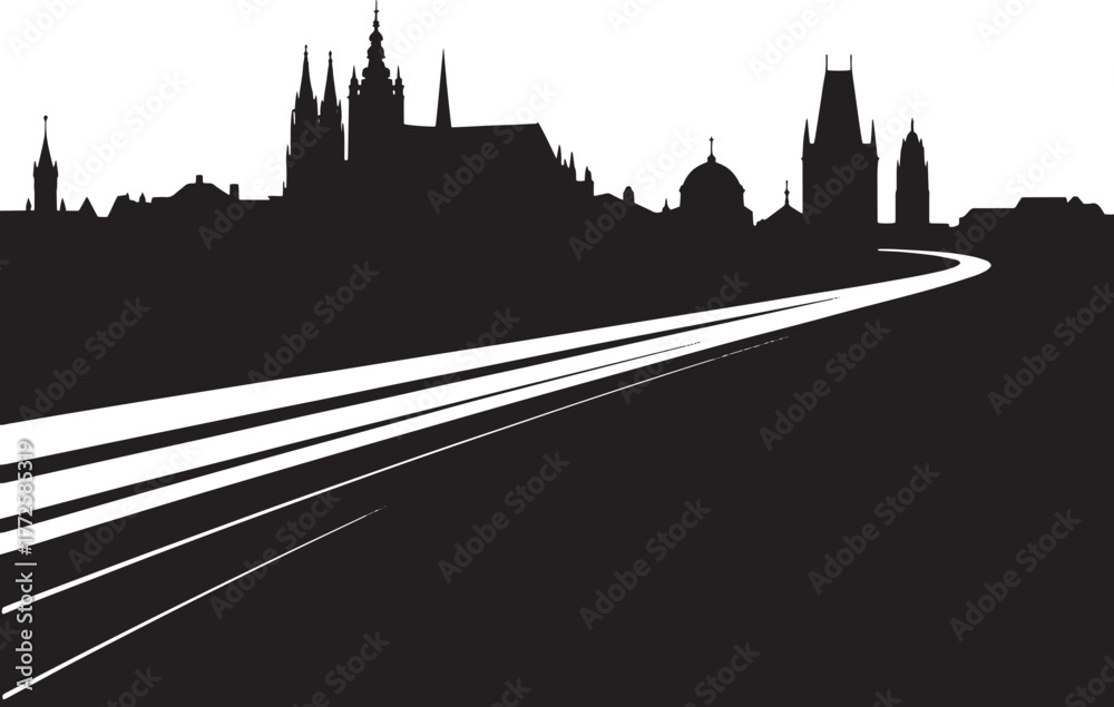 Fototapeta premium Detailed Prague Cityscape Silhouette with Road Leading to Urban Horizon Vector Art