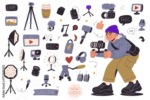 Female video creator filming content with camera and vlog equipment for social media