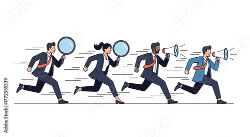 Dynamic business team actively searching and communicating goals with urgency and focus in a fast paced professional environment