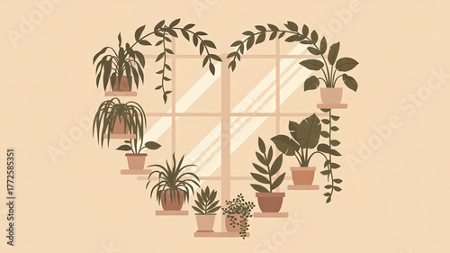 Houseplants forming a heart near a window symbolize emotional calm and the healing connection between people and nature.