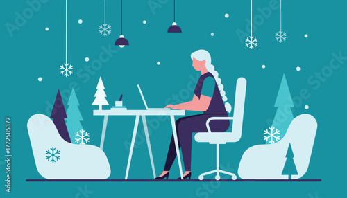 Remote work during holidays Woman typing on laptop in a modern winter wonderland office