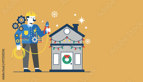 Professional electrician installing Christmas lights and decorations on a residential house