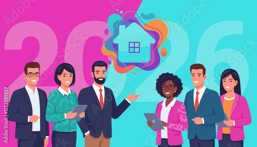 Diverse business group discussing 2026 housing trends and future real estate investment strategy