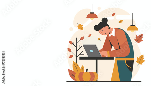 Sad worker using laptop in autumn cafe environment Seasonal business stress fatigue or heavy workload concept