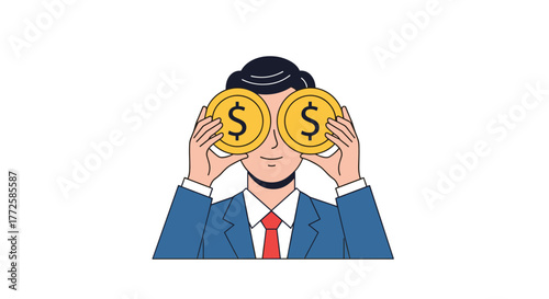Visionary businessman sees financial success with golden coins obscuring his eyes, symbolizing wealth and investment opportunities