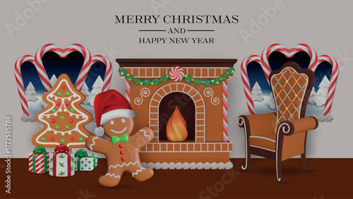 christmas banner with gingerbread man with santa claus hat in a living room with gingerbread fireplace and gingerbread armchair. 