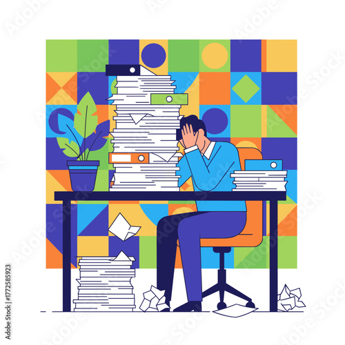 Stressed employee overwhelmed by excessive paperwork and deadlines experiencing burnout in the office