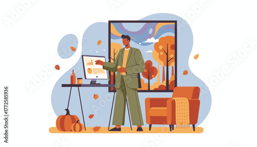 Professional man working remotely on fall data analysis in a comfortable office setting