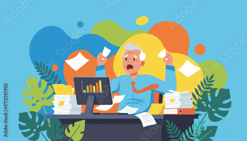 Stressed businessman overwhelmed by paperwork and excessive workload office burnout concept