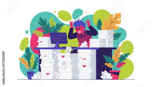 Angry employee stressed by immense paperwork Overworked frustrated and facing job burnout