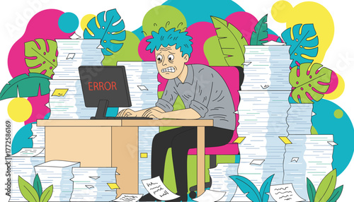 Worker stressed by computer error and huge paperwork stacks Overload concept