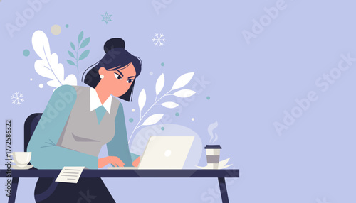 Stressed businesswoman frowning at laptop while working hard at her winter office desk Vector illustration