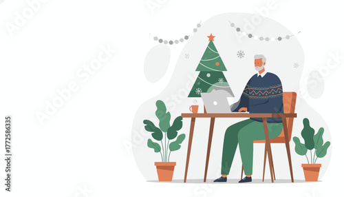 Senior man working remotely on a laptop near a Christmas tree Holiday work and digital business