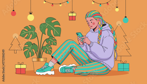 Young woman uses phone decorated for the holidays with gifts lights and a Monstera plant