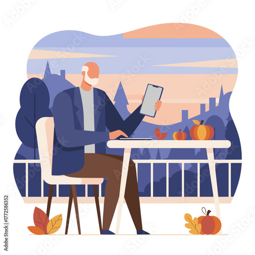 Senior man using tablet on autumn balcony overlooking the city Modern lifestyle  technology