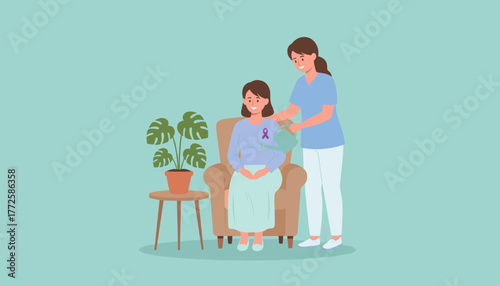 Healthcare worker nurtures patient with purple ribbon illustrating support hope and healing