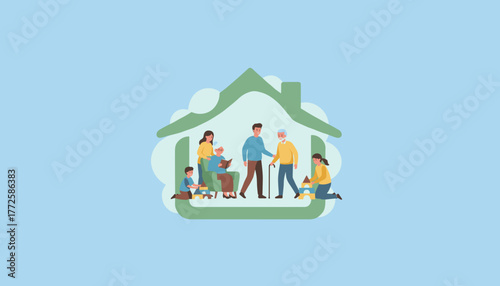 Multigenerational family inside a house symbol showing love security and togetherness at home